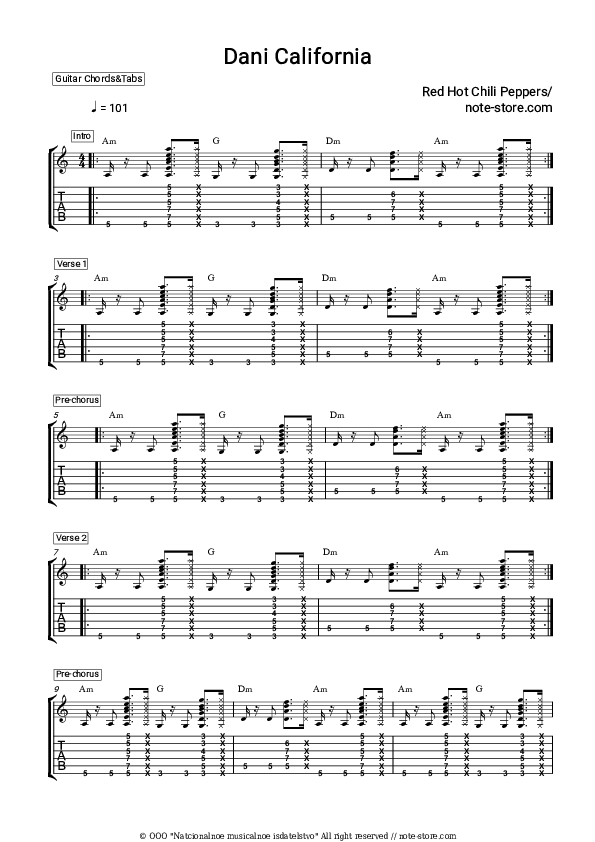 Red Hot Chili Peppers Dani California sheet music for piano download