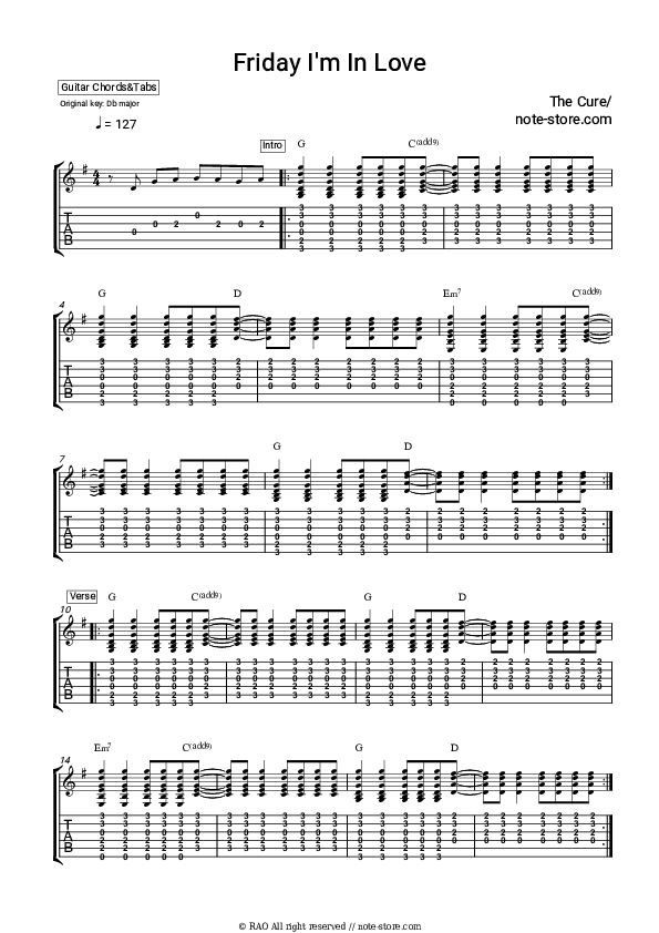 The Cure Friday I'm In Love guitar chords and tabs in