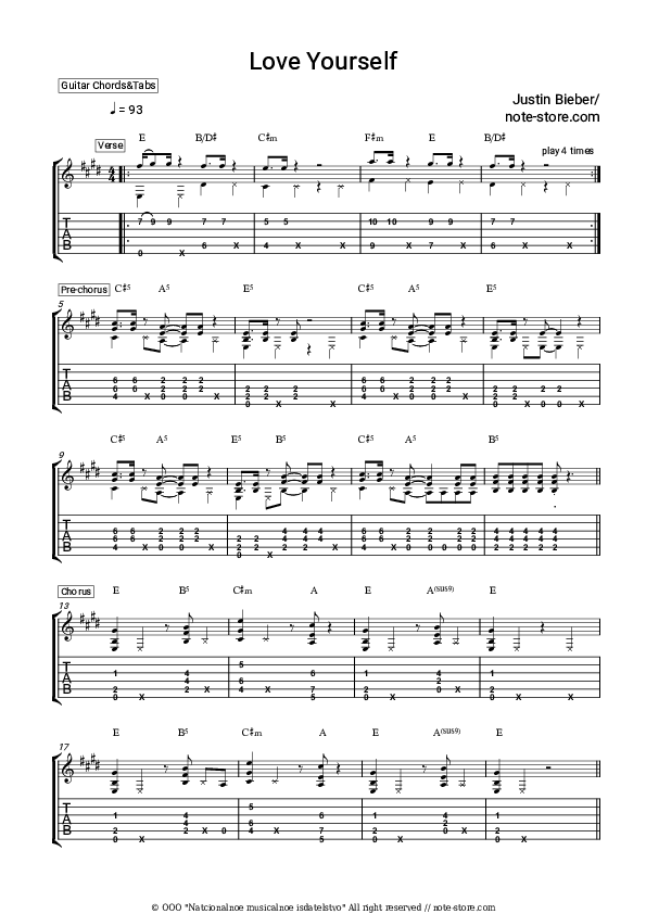 Justin Bieber Love Yourself guitar chords and tabs in