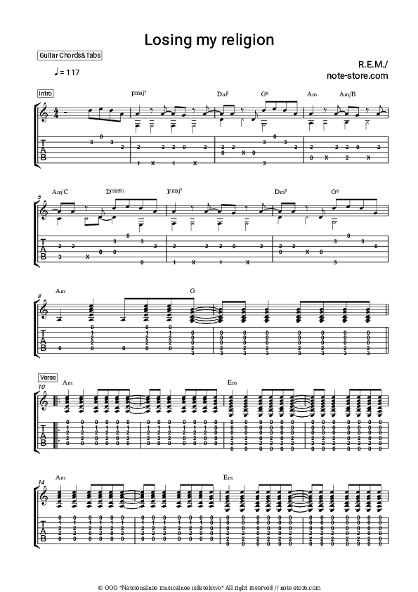 R.E.M. Losing My Religion guitar chords and tabs in