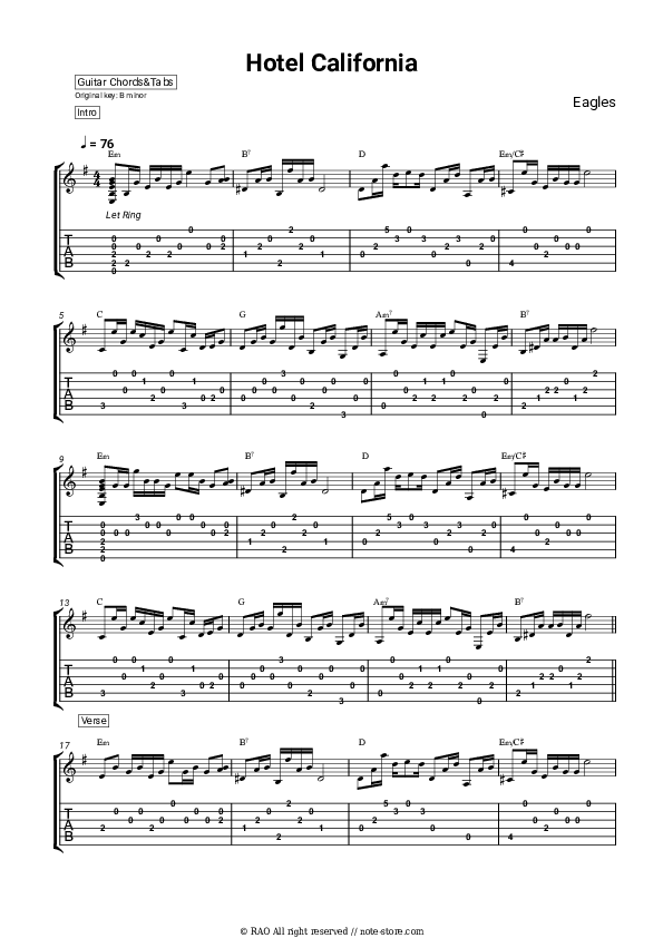 Eagles Hotel California guitar chords and tabs in Guitar.Chords&Tabs SKU