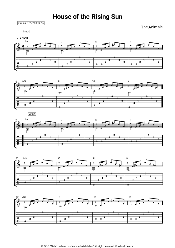 The Animals House of the Rising Sun guitar chords and tabs in Note