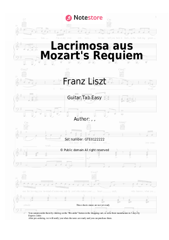 Lacrimosa aus Mozart's Requiem tabs easy guitar Franz Liszt in Guitar.Tab.Easy