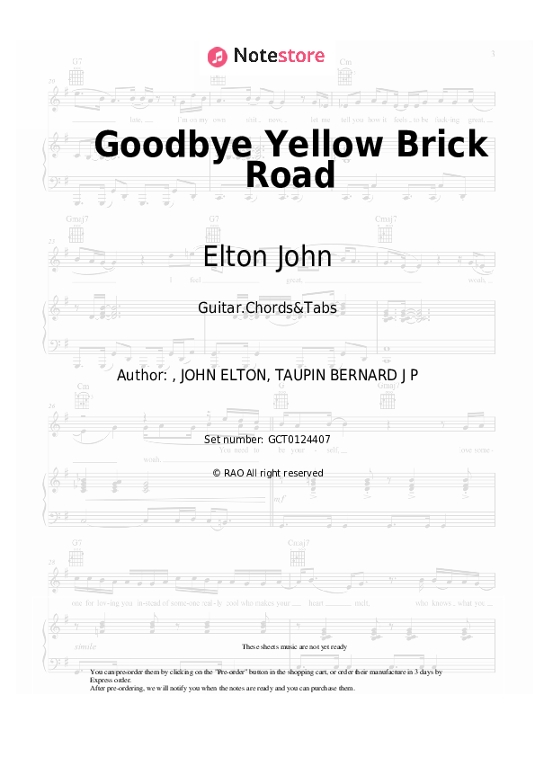 Elton John Goodbye Yellow Brick Road guitar chords and tabs in Note
