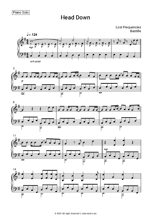 Head Down piano sheet music Lost Frequencies, Bastille in NoteStore