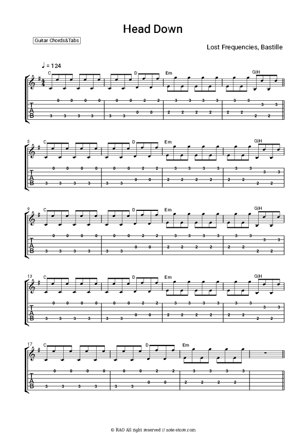 Lost Frequencies, Bastille Head Down guitar chords and tabs in Note