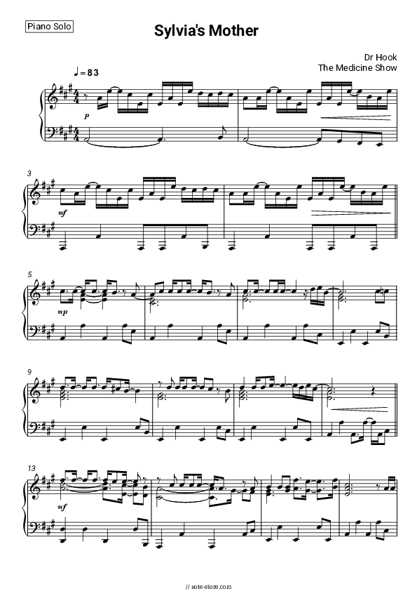 Sylvia's Mother piano sheet music Dr. Hook in Piano