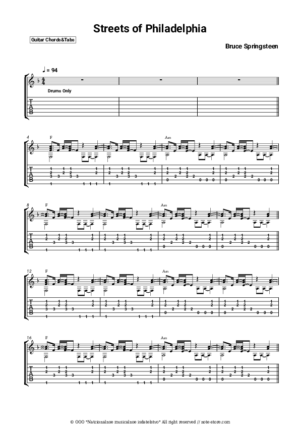 Streets of Philadelphia chords and tabs Bruce Springsteen in NoteStore