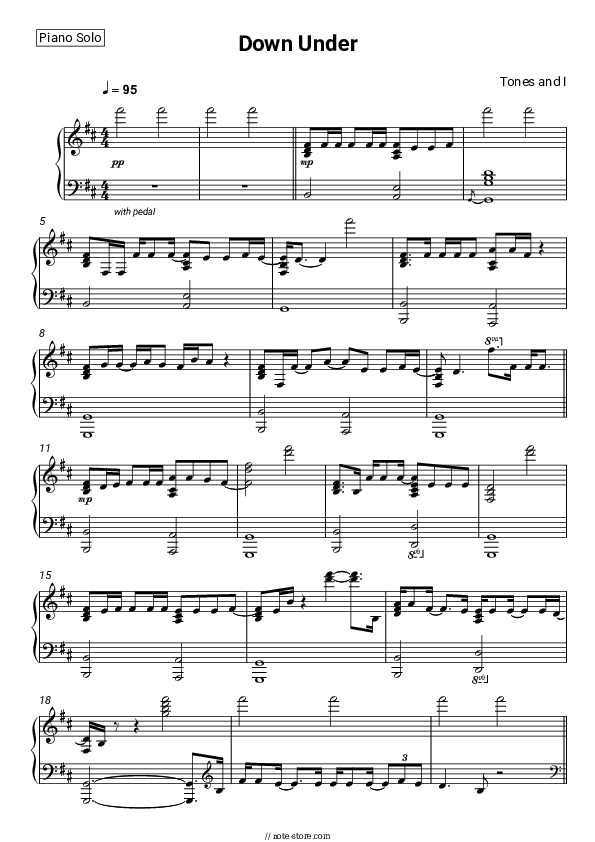 Down Under piano sheet music Tones and I in Piano.Solo