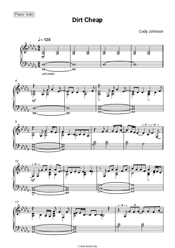 Dirt Cheap piano sheet music Cody Johnson in Piano