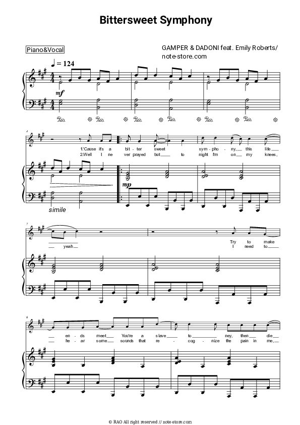 Bittersweet Symphony piano sheet music and voice Gamper & Dadoni, Emily