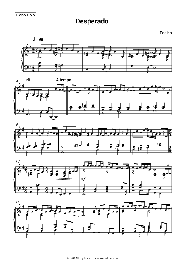 Desperado piano sheet music Eagles in Piano.Solo SKU