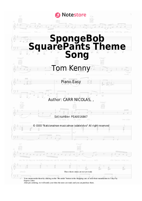 SpongeBob SquarePants Theme Song piano sheet music easy Tom Kenny in