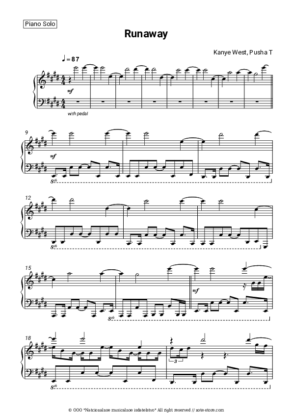 Runaway piano sheet music Kanye West, Pusha T in Piano