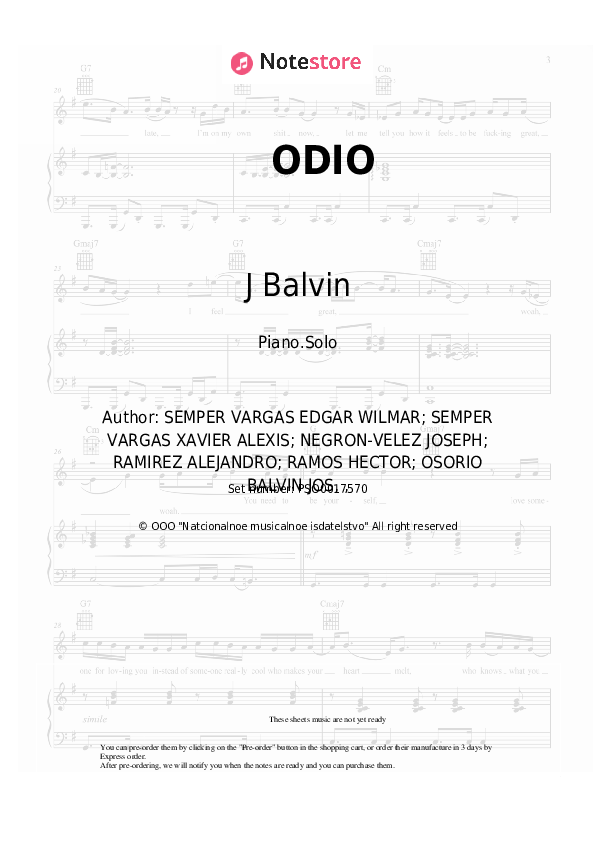 J Balvin, Bad Bunny ODIO sheet music for piano download Piano.Solo