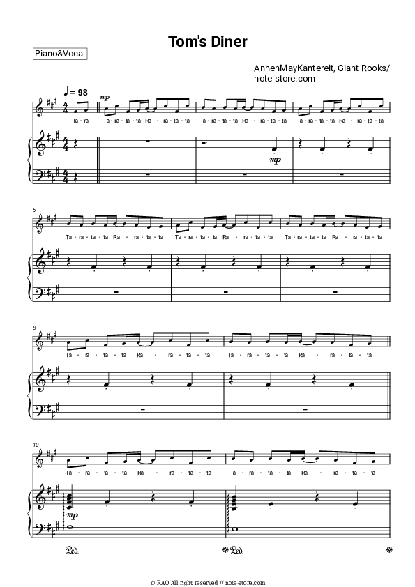 AnnenMayKantereit, Giant Rooks Tom's Diner piano sheet music in Note