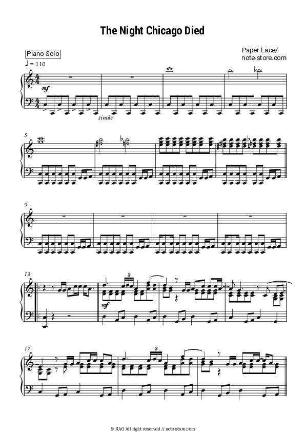 The Night Chicago Died piano sheet music Paper Lace in