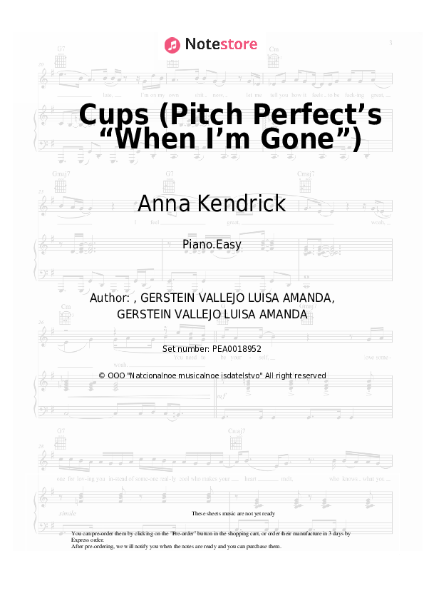 Anna Kendrick Cups (Pitch Perfect’s “When I’m Gone”) piano sheet music in