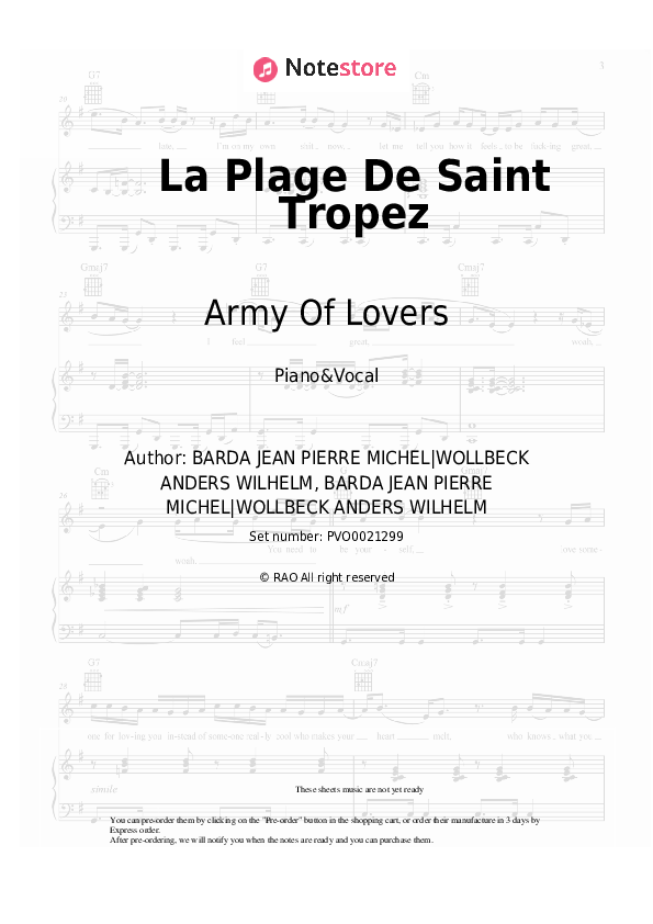 Army Of Lovers La Plage De Saint Tropez piano sheet music in Note
