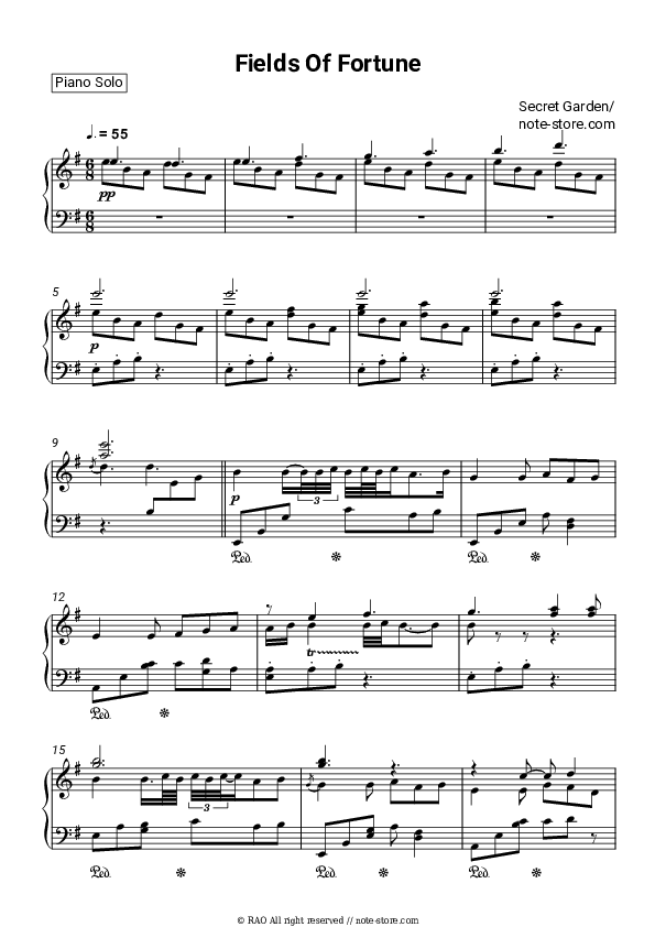 Secret Garden Fields Of Fortune sheet music for piano download