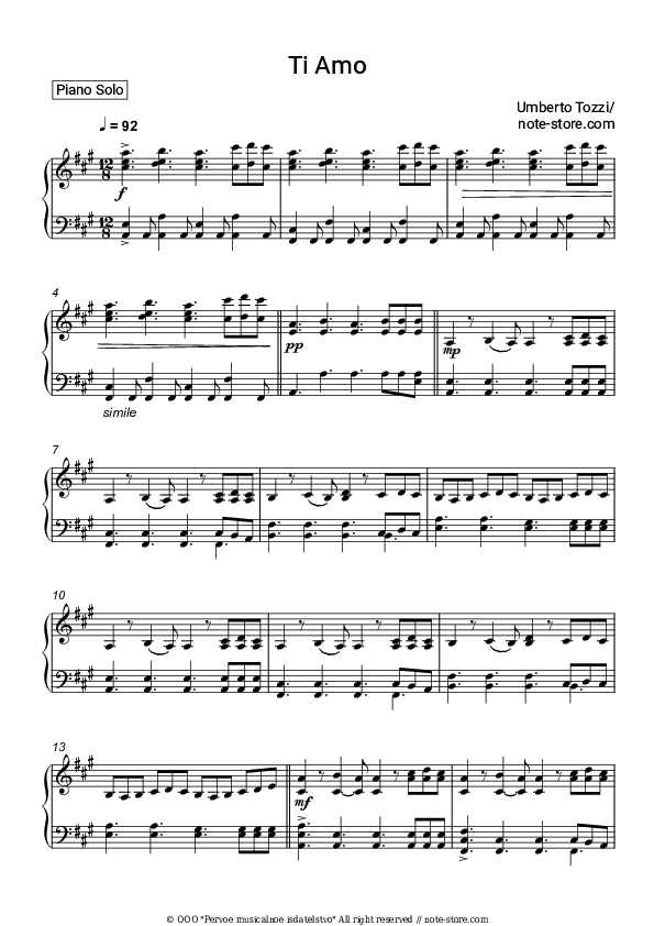 Umberto Tozzi Ti Amo piano sheet music in Piano.Solo