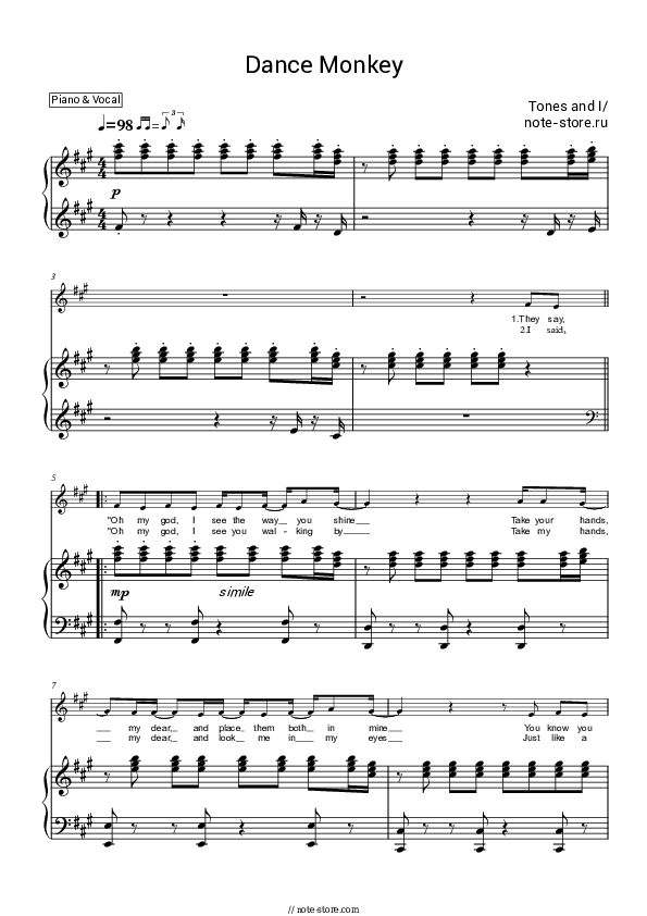 Dance Monkey piano sheet music and voice Tones and I in