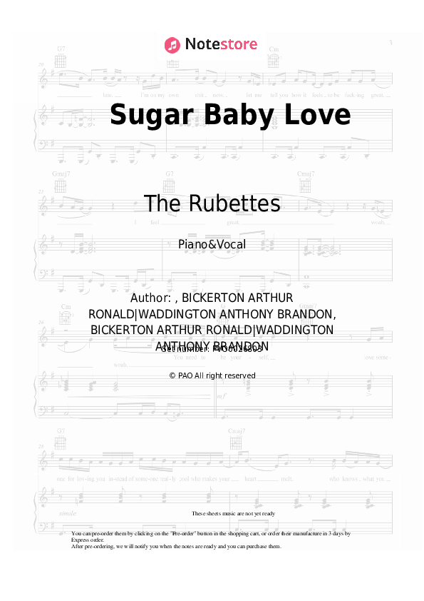 The Rubettes Sugar Baby Love piano sheet music in