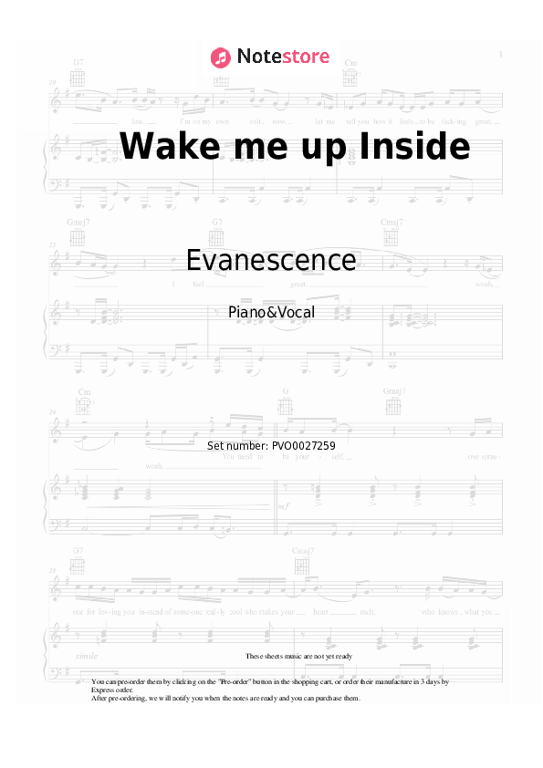 Evanescence Wake me up Inside sheet music for piano with letters
