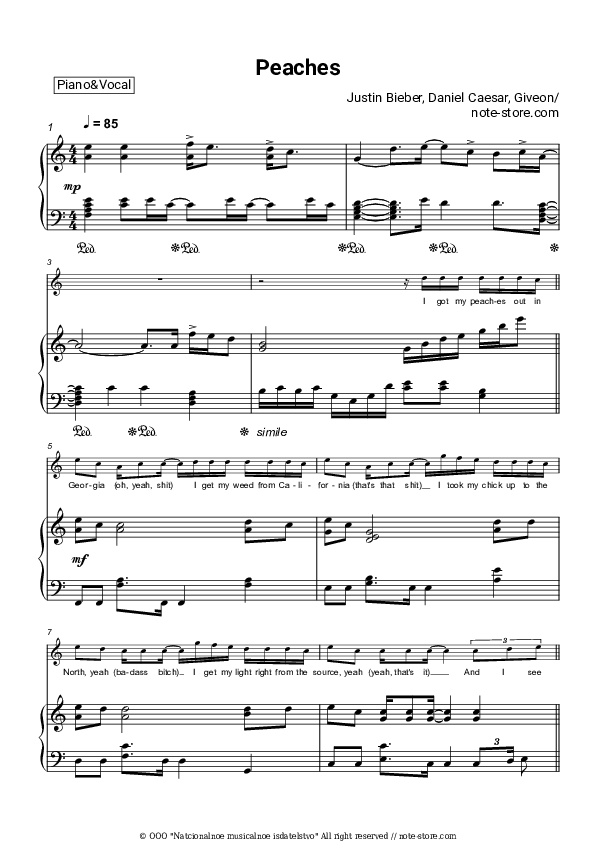 Justin Bieber, Daniel Caesar, Giveon Peaches piano sheet music in