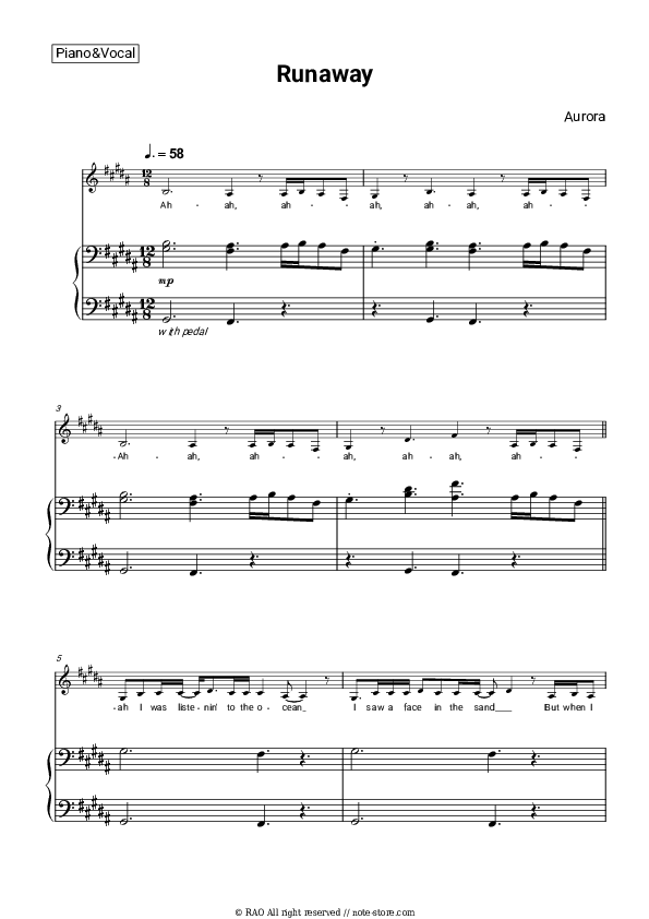 Runaway piano sheet music and voice AURORA in Piano