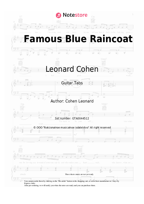 Leonard Cohen Famous Blue Raincoat chords, guitar tabs on Guitar.Tabs SKU
