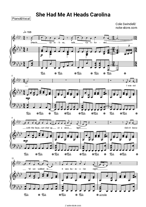 She Had Me At Heads Carolina piano sheet music and voice Cole Swindell