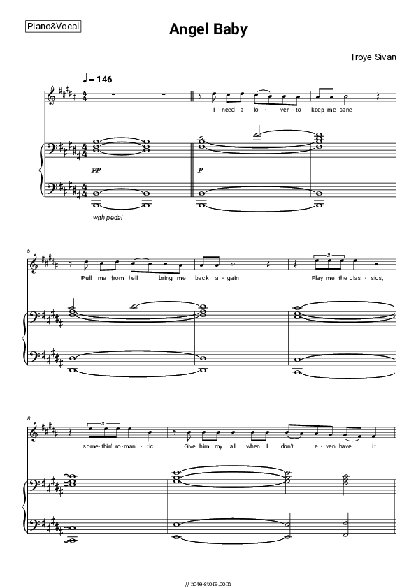 Angel Baby piano sheet music and voice Troye Sivan in