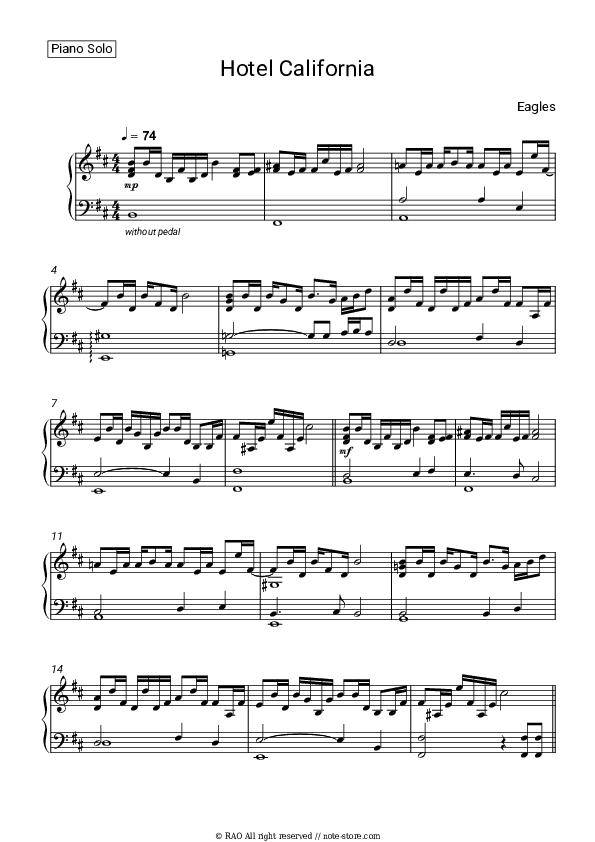 Eagles Hotel California piano sheet music in Piano