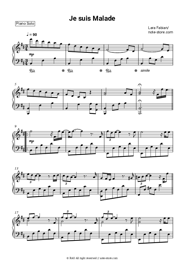 Je suis Malade piano sheet music Lara Fabian in Piano