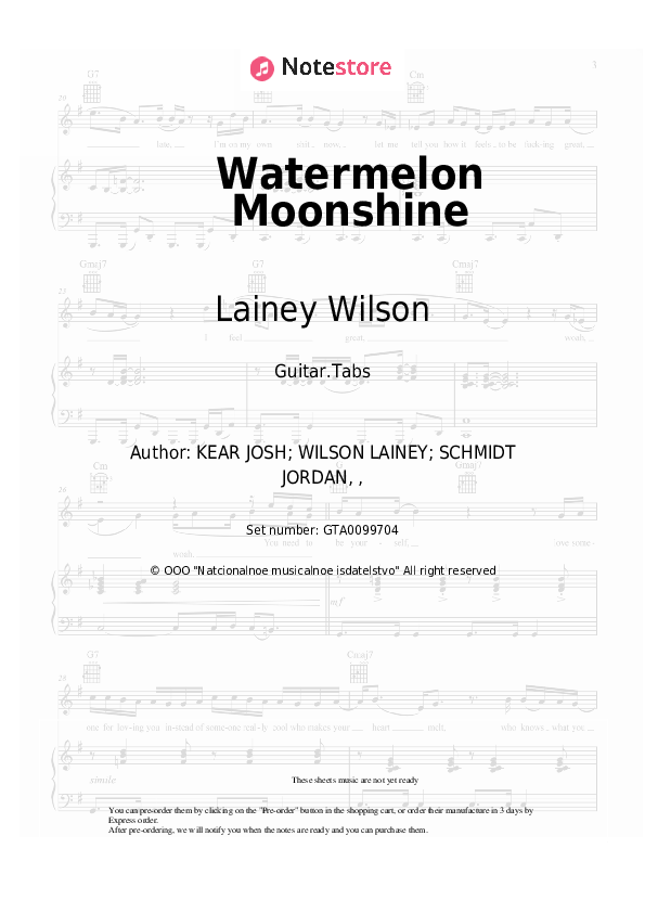 Lainey Wilson Watermelon Moonshine guitar chords and tabs in Note