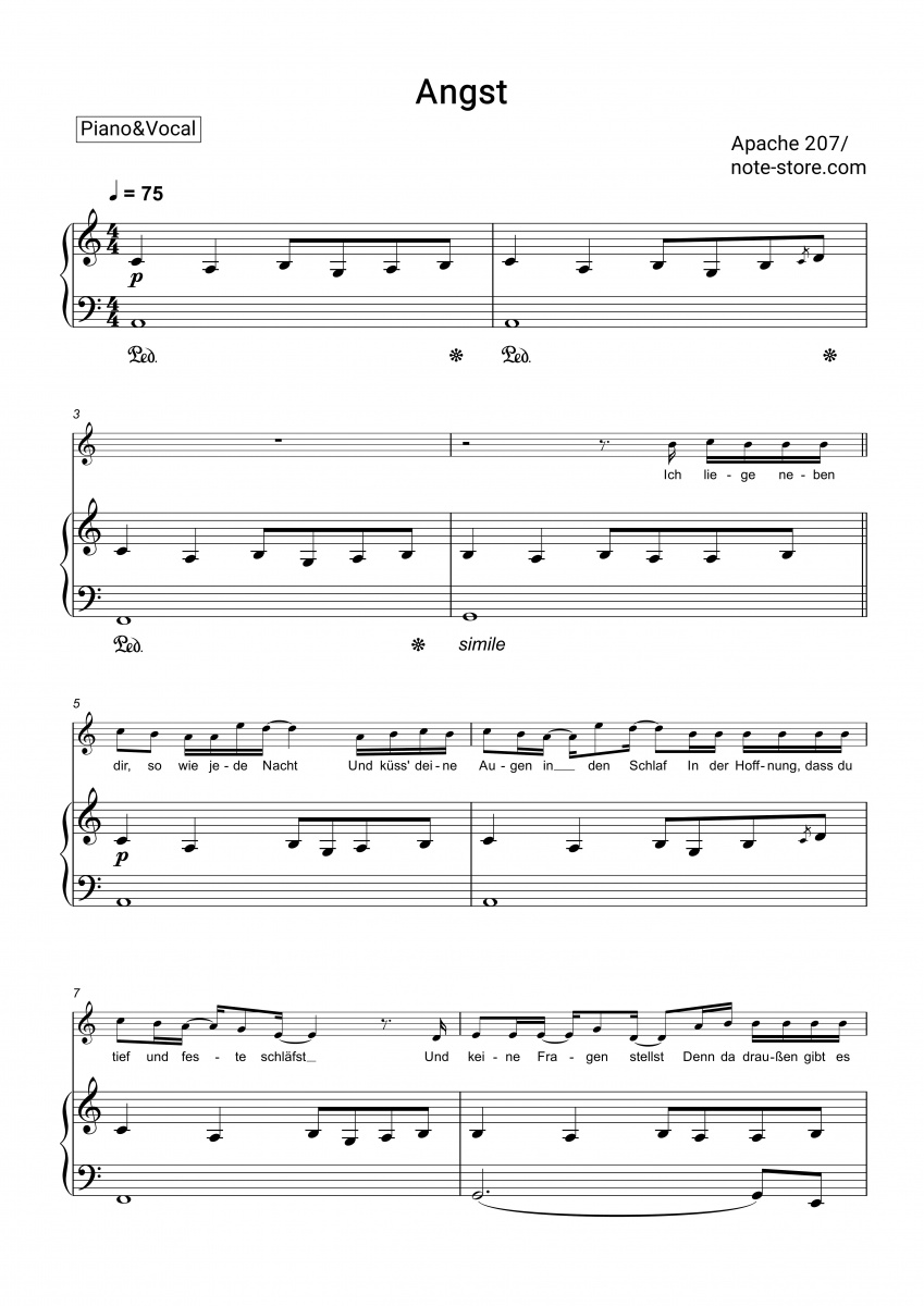 Apache 207 Angst Noten für Piano downloaden für Anfänger Klavier