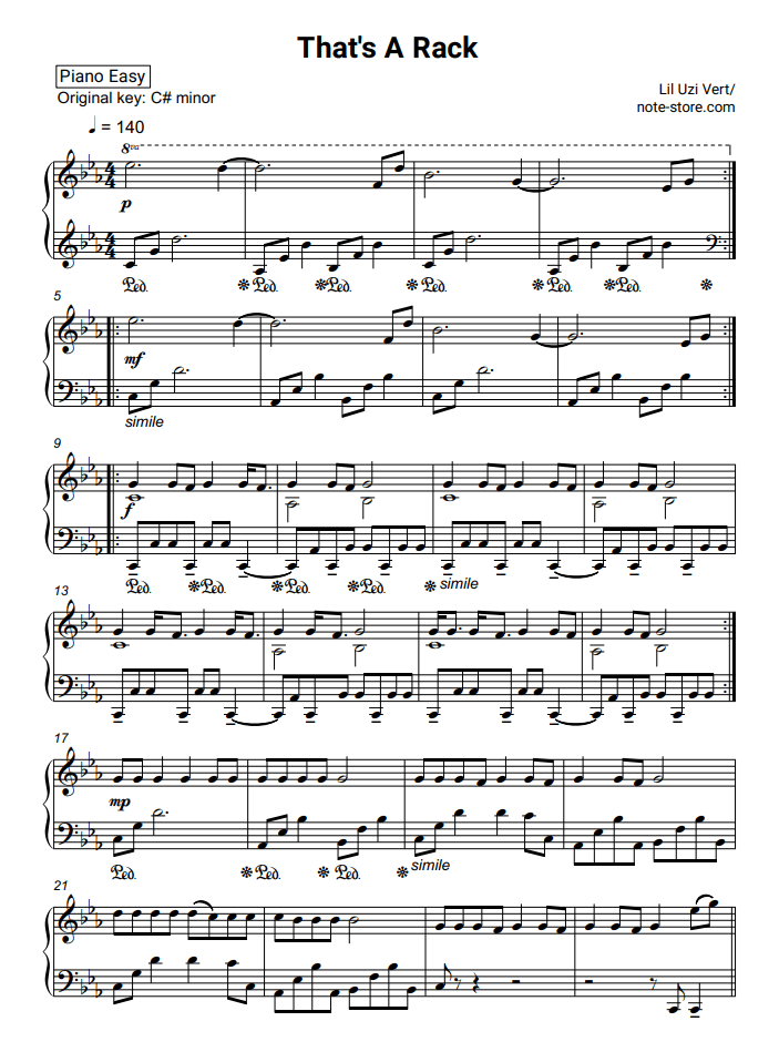 Lil Uzi Vert That's a Rack Noten für Piano downloaden für Anfänger