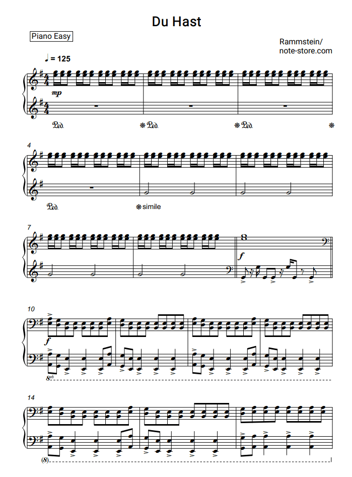 Rammstein Du Hast Noten für Piano downloaden für Anfänger Klavier.Easy SKU PEA0011046