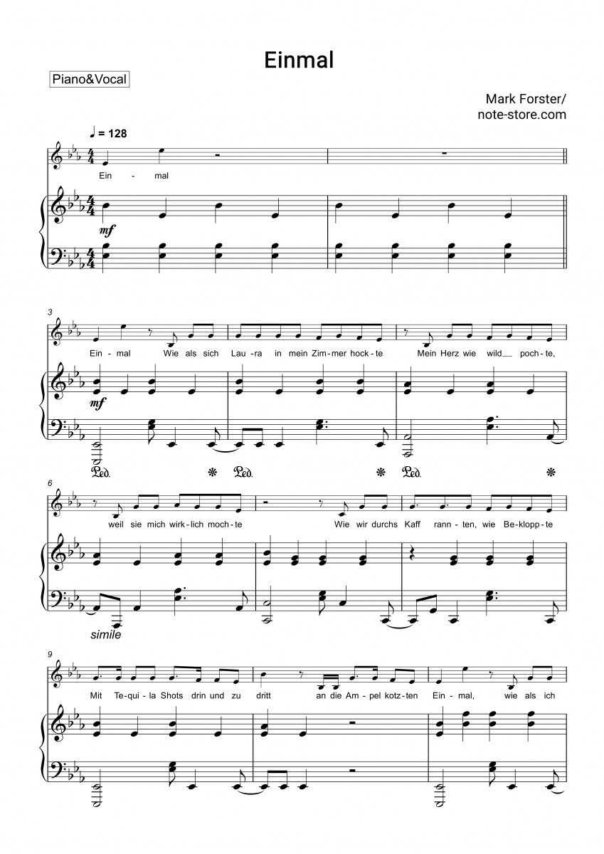 Mark Forster Einmal Noten für Piano downloaden für Anfänger Klavier