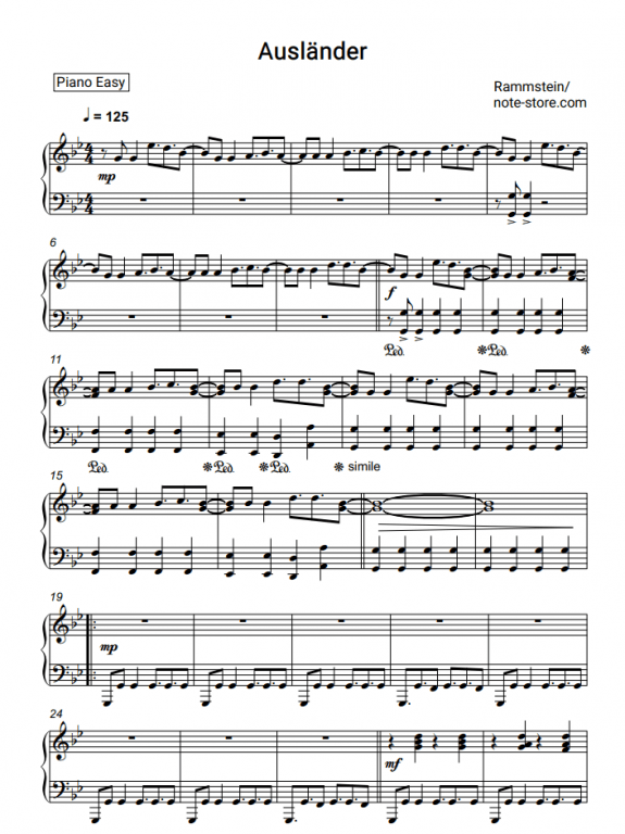 Rammstein Ausländer Noten für Piano downloaden für Anfänger Klavier
