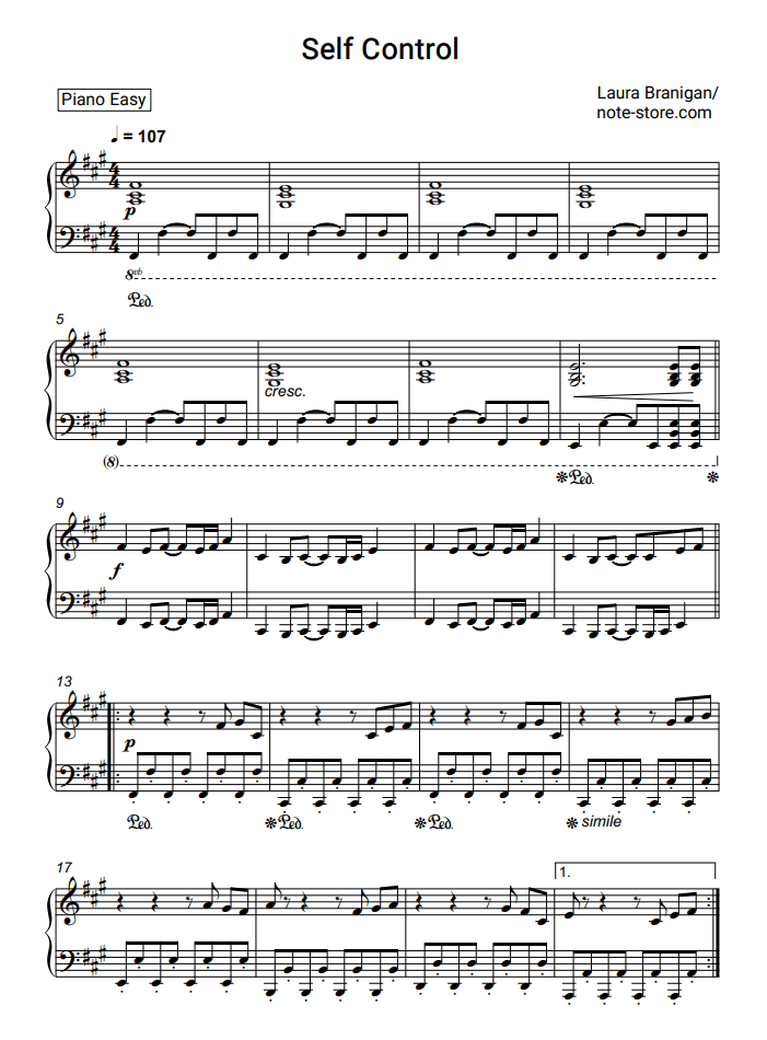 Laura Branigan Self Control Noten für Piano downloaden für Anfänger