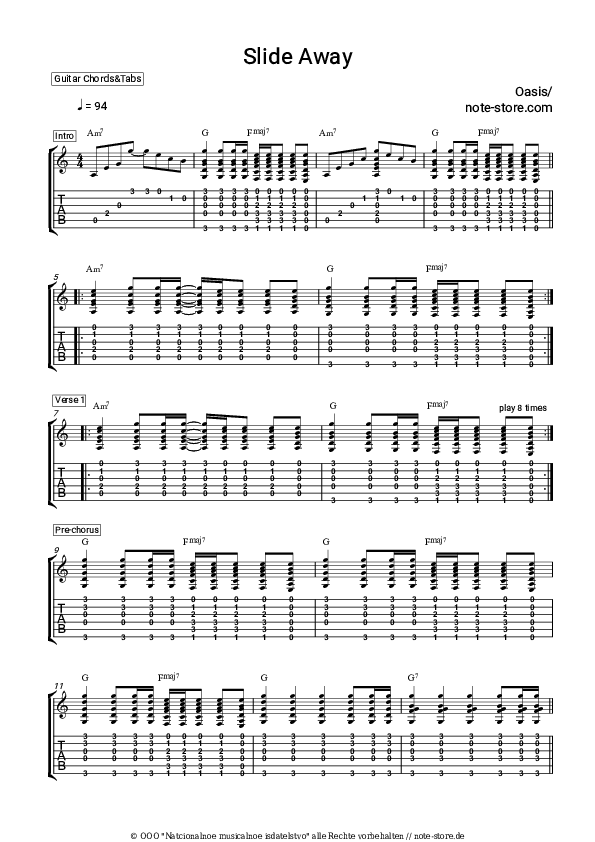 Oasis Slide Away Noten für gitarren downloaden für Anfänger Gitarren