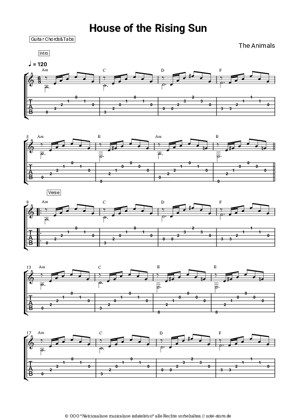 The Animals House of the Rising Sun Akkorde, GitarrenTabs bei Note