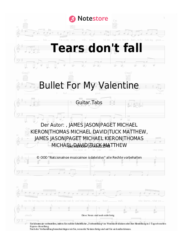 Bullet For My Valentine Tears don't fall Akkorde, Tabs für Gitarre in