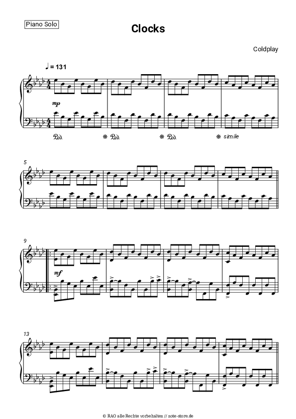 Coldplay Clocks noten pdf (solo) klavier NoteStore.de Klavier.Solo