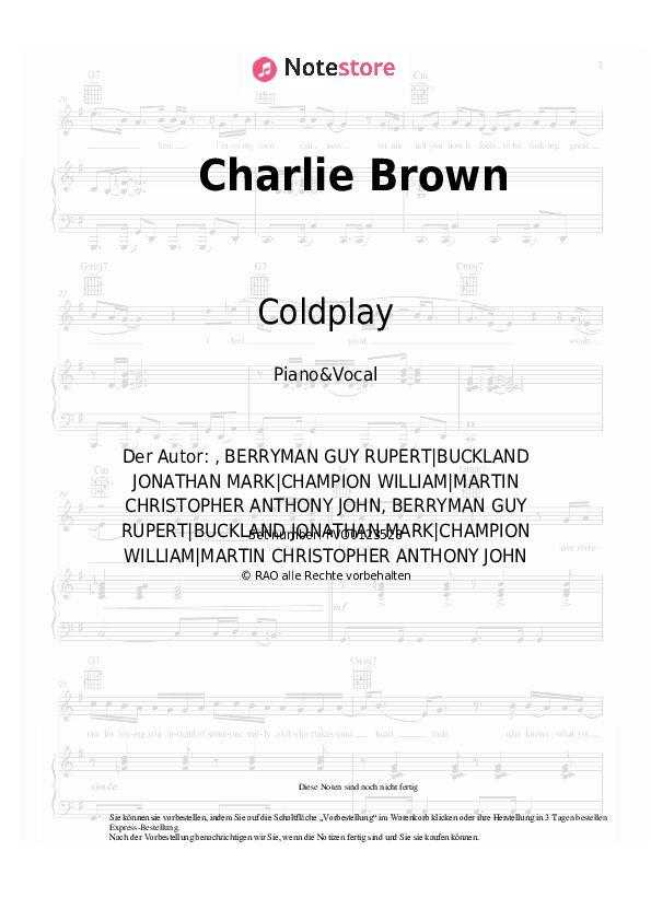 Coldplay Charlie Brown noten gesang pdf klavier NoteStore.de
