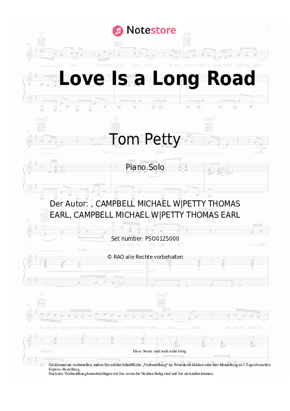 Tom Petty Love Is a Long Road noten pdf (solo) klavier NoteStore.de