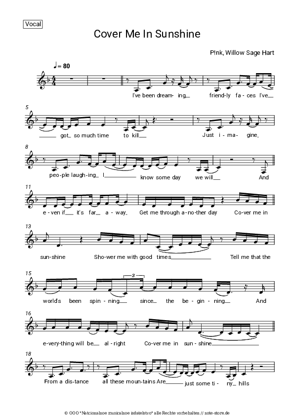 Cover Me In Sunshine Vokalnoten bei NoteStore.de Gesang SKU VOC0126972