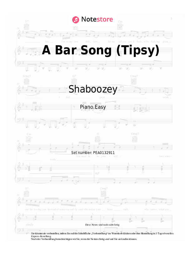 A Bar Song (Tipsy) Shaboozey noten pdf (einfach) klavier NoteStore